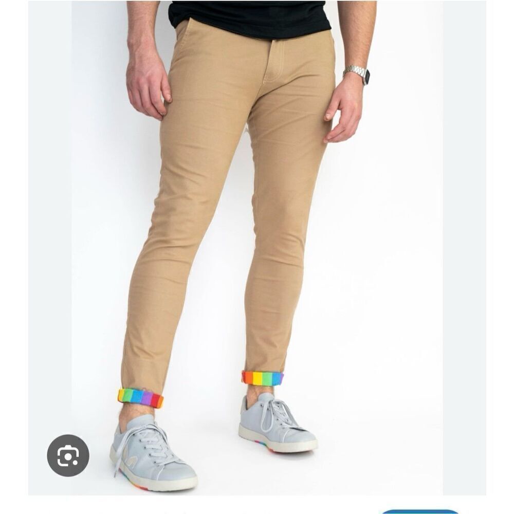 Pride Bunny Tan Rainbow Roll Cuff Chino Pants sz 34 NWT